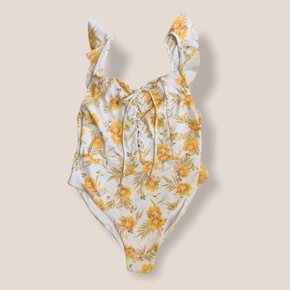 NEW WHITE & YELLOW TROPICAL ONE PIECE SWIM SUIT